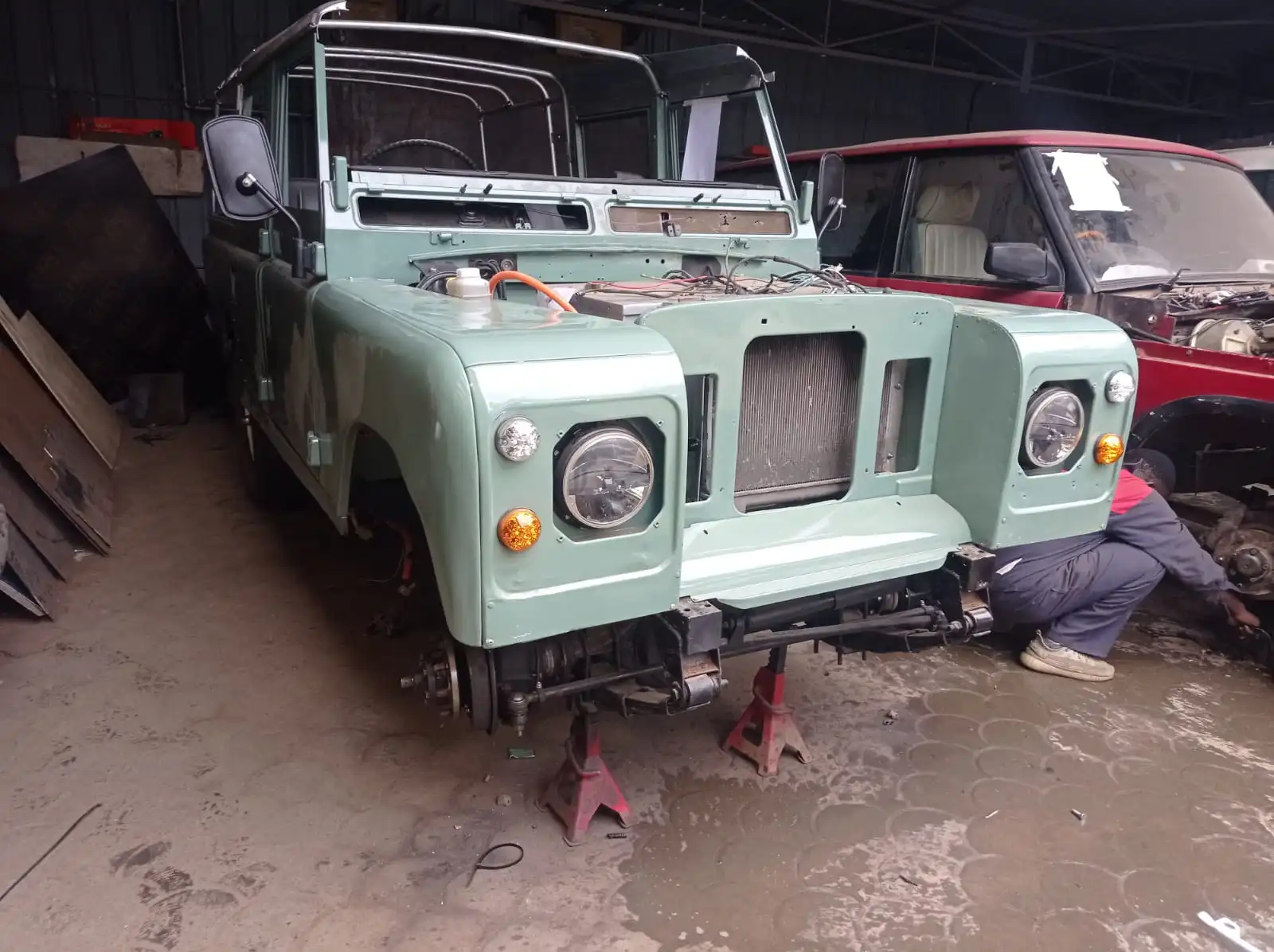 Landrover undergoing conversion in the garage